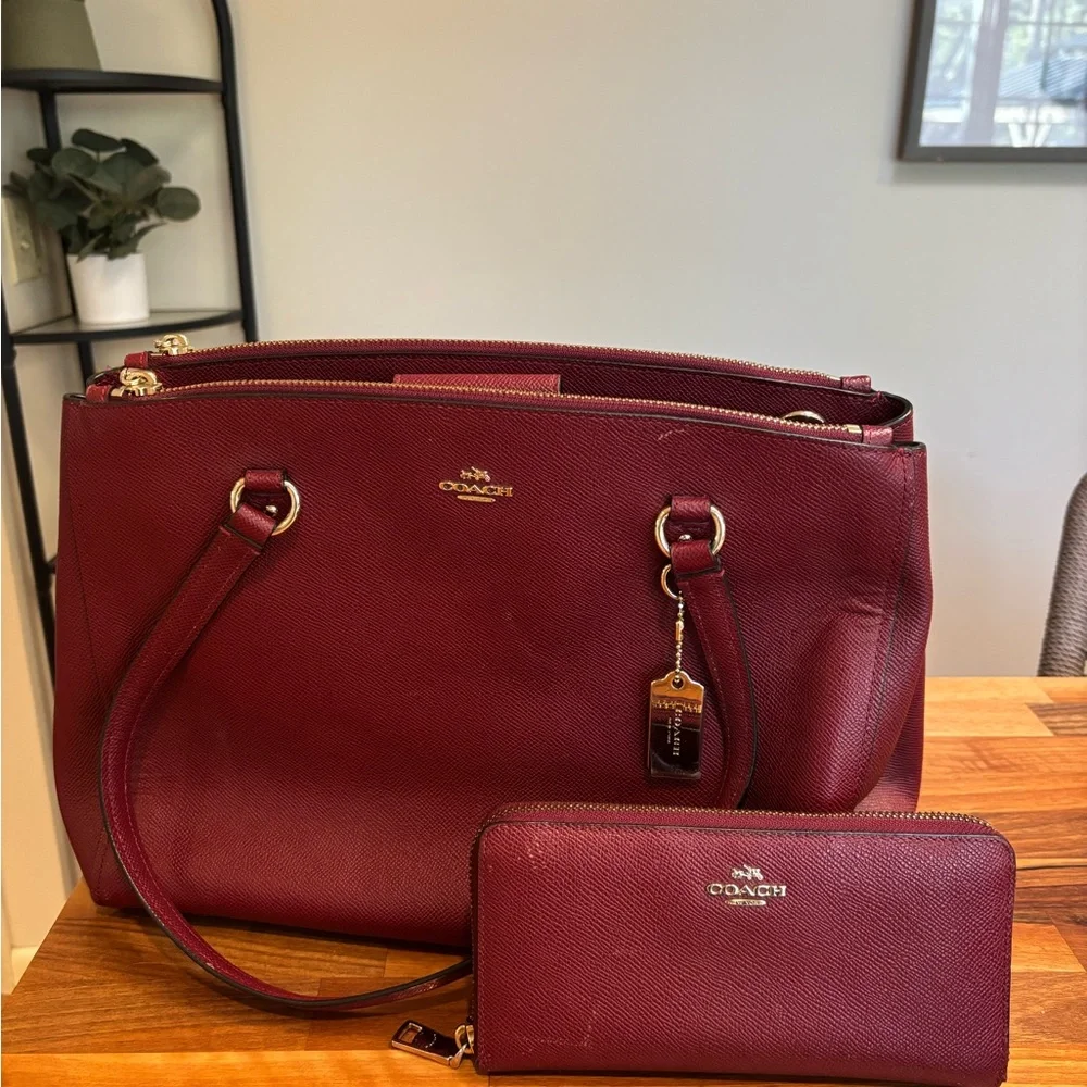 Coach Burgundy Leather Tote with Matching Wallet